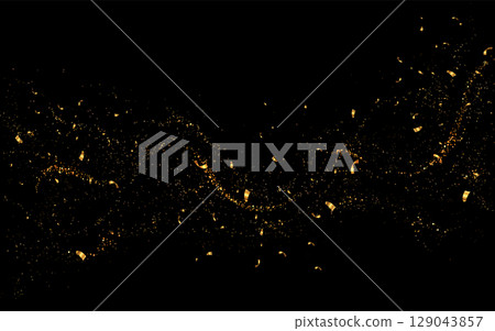 Isolated design component, golden wave of shiny tinsel on black background 129043857