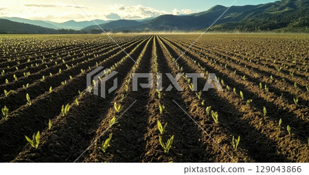 The Expansive Lushness of Row Crops Bathed in Sunrise Light Across Vast Agricultural Fields 129043866
