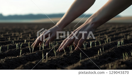 Nurturing New Growth Hands Deep in Soil with Sprouting Crops Ready for Harvesting 129043870