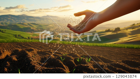 Hand sowing seeds in a fertile landscape surrounded by nature at the beautiful sunrise 129043874