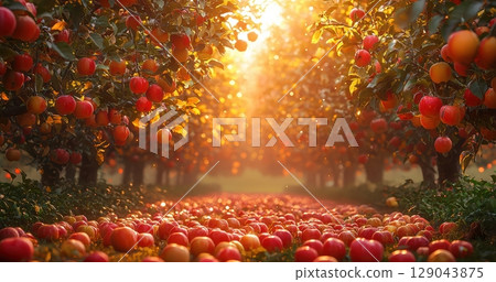 Experience the serene beauty of an Apple Orchard at Sunset, where everything harmonizes 129043875