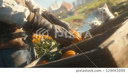 A delightful Harvest Scene featuring charming Cats and vibrant Pumpkins set in a Rustic Environment A delightful Harvest Scene featuring charming Cats and vibrant Pumpkins set in a Rustic Environment 129043899