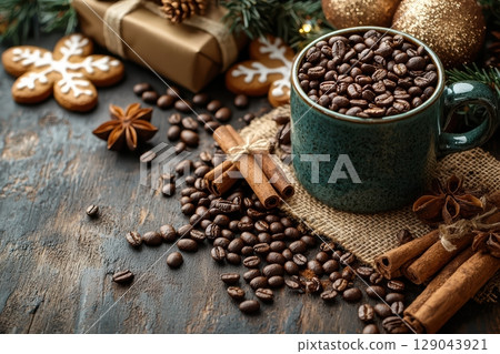 Enjoy a cozy coffee scene filled with delicious beans and aromatic spices for the holidays Enjoy a cozy coffee scene filled with delicious beans and aromatic spices for the holidays 129043921