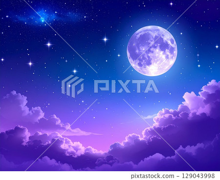 Full moon shining in the night sky, clouds and starry sky silhouette 2 129043998