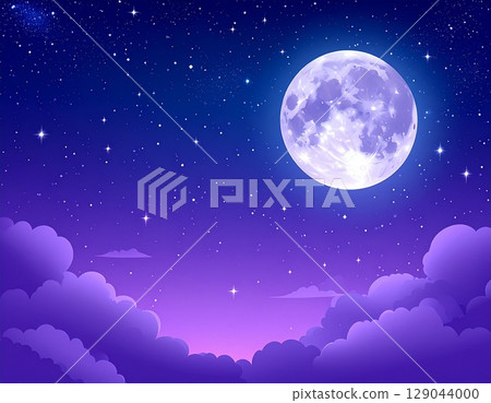 夜空中閃耀的滿月、雲彩和星空的輪廓 4 129044000