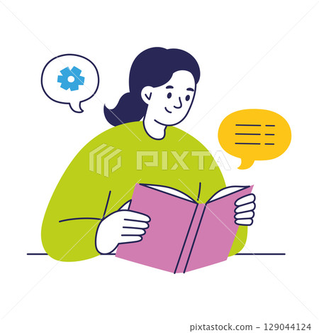 Flat cartoon vector illustration of girl reading book and thinking. Student studying topic with textbook, gaining knowledge, learning. Education, school life, academic process, personal development 129044124