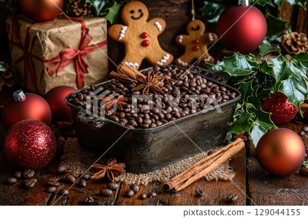 A Festive Scene with Delicious Gingerbread and Aromatic Coffee Beans for the Season 129044155