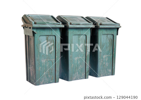 There are three vintagestyle green trash bins displayed prominently against a white background 129044190