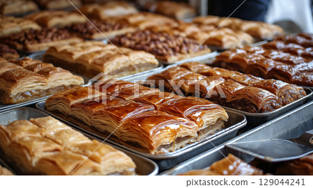 Assorted honey-glazed baklava trays at a market display 129044241