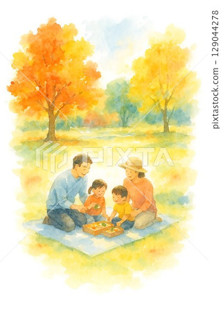 一家人在秋葉中享受野餐的插圖 一家人在秋葉中享受野餐的插圖 129044278