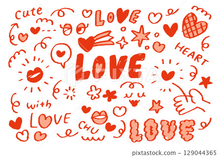 A lovely motif set featuring red crayon-style hand-drawn hearts and LOVE letters. Perfect for romance and Valentine's Day. A lovely motif set featuring red crayon-style hand-drawn hearts and LOVE letters. Perfect for romance and Valentine's Day. 129044365