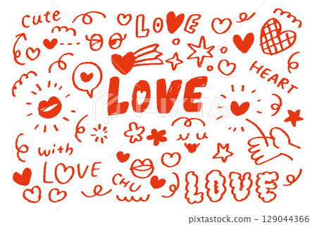一套可愛的圖案套裝，以紅色蠟筆手繪愛心和LOVE字母為特色。非常適合浪漫和情人節。 129044366