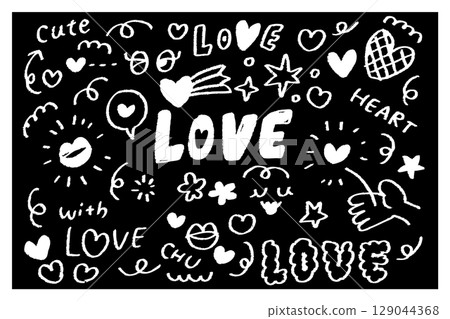 Lovely motif set of black and white crayon-style hand-drawn hearts and LOVE letters Lovely motif set of black and white crayon-style hand-drawn hearts and LOVE letters 129044368