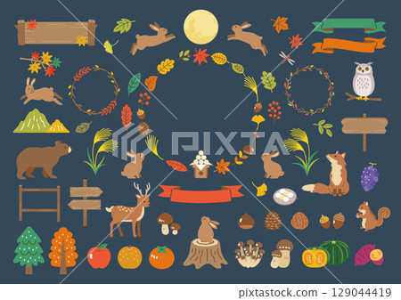 Moon viewing and autumn animal illustration set 129044419