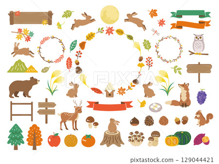 Moon viewing and autumn animal illustration set 129044421