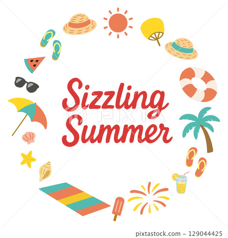 Summer circle frame with English phrase (Sizzling Summer) Summer circle frame with English phrase (Sizzling Summer) 129044425