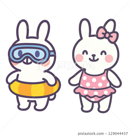 兔子角色享受夏天,泳衣裡的可愛動物插圖 兔子角色享受夏天,泳衣裡的可愛動物插圖 129044437