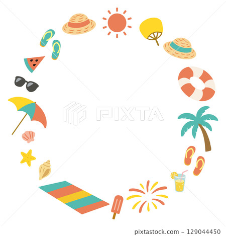 Circle frame surrounded by summer items 129044450