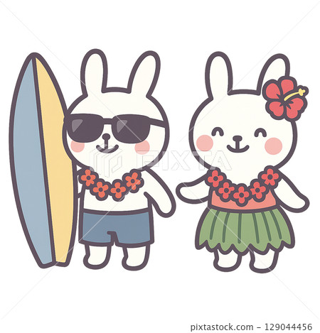 可愛的夏威夷風格兔子角色，享受夏日的熱帶插畫 129044456