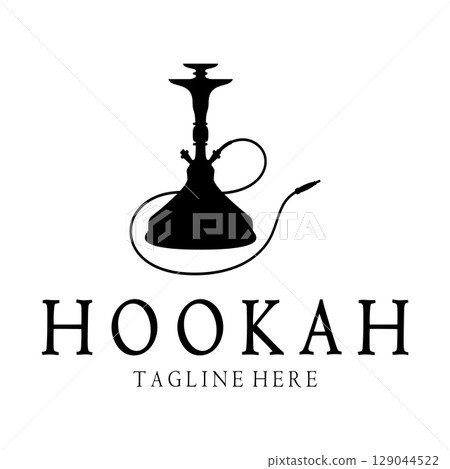 Vintage hookah, shisha or water pipe logo silhouette for club, bar,cafe,vape and shop. Vintage hookah, shisha or water pipe logo silhouette for club, bar,cafe,vape and shop. 129044522