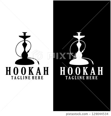 Vintage hookah, shisha or water pipe logo silhouette for club, bar,cafe,vape and shop. 129044534