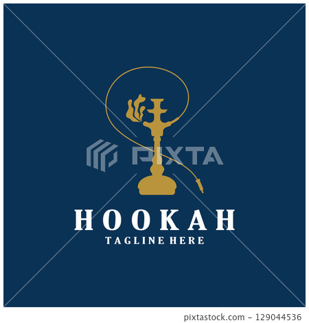 Vintage hookah, shisha or water pipe logo silhouette for club, bar,cafe,vape and shop. 129044536