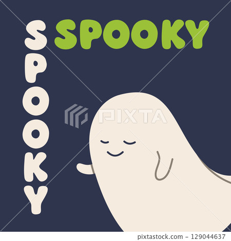 Vector Halloween illustration with a calm smiling ghost and Spooky lettering on dark background. Cute minimalist cartoon style perfect for kids decor, stickers, and seasonal greeting cards. 129044637