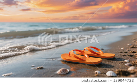 Bright orange flip-flops on sandy beach at sunset with seashells and soft ocean waves under vibrant colorful sky 129044728