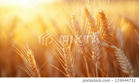 Golden wheat ears glowing in warm sunset light, symbol of harvest, agriculture and rural summer countryside scene 129044732