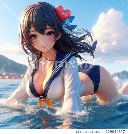 身穿水手服的高中女生享受夏日大海[45] 129044837