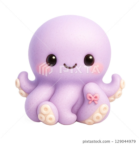Cute purple octopus character illustration with a smiling face and pink ribbon 129044979