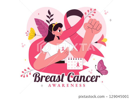 Breast Cancer Awareness Month Vector Illustration of Diverse Women with Pink Support Ribbon for Healthcare Campaign, Solidarity and Medical Prevention 129045001