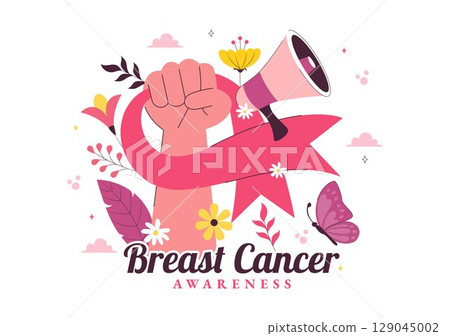 Breast Cancer Awareness Month Vector Illustration of Diverse Women with Pink Support Ribbon for Healthcare Campaign, Solidarity and Medical Prevention 129045002