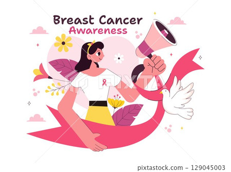 Breast Cancer Awareness Month Vector Illustration of Diverse Women with Pink Support Ribbon for Healthcare Campaign, Solidarity and Medical Prevention 129045003