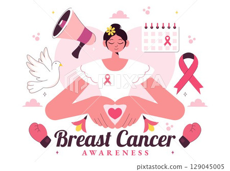 Breast Cancer Awareness Month Vector Illustration of Diverse Women with Pink Support Ribbon for Healthcare Campaign, Solidarity and Medical Prevention 129045005