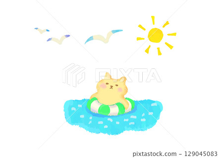 Cute watercolor illustration of a cat floating in the sea on a swim ring 129045083