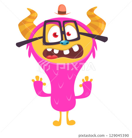 Cartoon cute monster with funny excited face expression waving hands. Vector illustration isolated on white. Halloween design 129045390