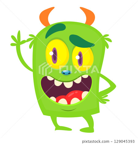 Cartoon cute monster with funny excited face expression waving hands. Vector illustration isolated on white. Halloween design Cartoon cute monster with funny excited face expression waving hands. Vector illustration isolated on white. Halloween design 129045393