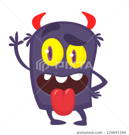 Cartoon cute monster with funny excited face expression waving hands. Vector illustration isolated on white. Halloween design Cartoon cute monster with funny excited face expression waving hands. Vector illustration isolated on white. Halloween design 129045394