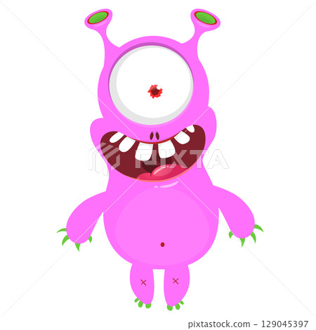 Cartoon cute monster with funny excited face expression waving hands. Vector illustration isolated on white. Halloween design 129045397