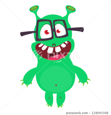 Cartoon cute monster with funny excited face expression waving hands. Vector illustration isolated on white. Halloween design 129045398