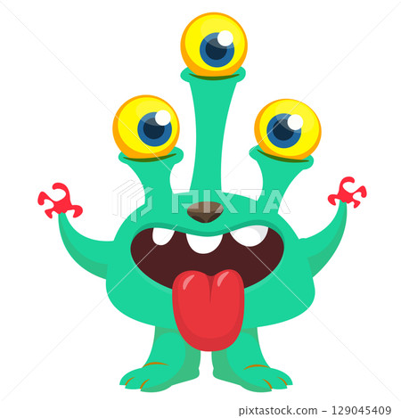 Cartoon funny alien with three eyes. Vector illustration. Halloween design Cartoon funny alien with three eyes. Vector illustration. Halloween design 129045409