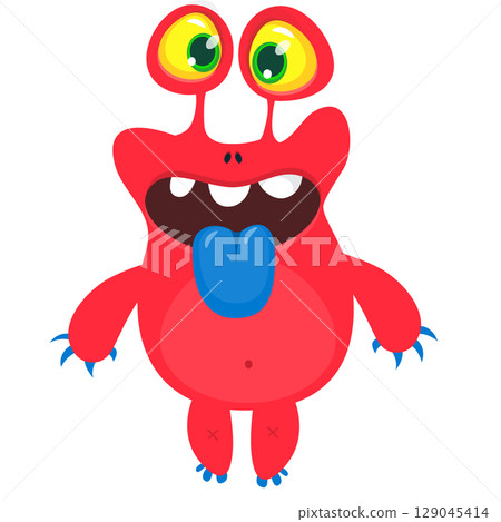 Cartoon cute monster showing long tongue. Vector illustration of alien character. Halloween design Cartoon cute monster showing long tongue. Vector illustration of alien character. Halloween design 129045414