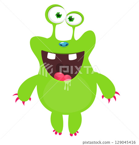 Cartoon cute monster with funny excited face expression waving hands. Vector illustration isolated on white. Halloween design 129045416