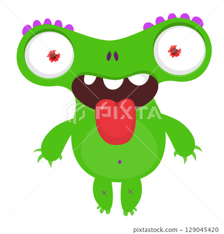 Cartoon cute monster showing long tongue. Vector illustration of alien character. Halloween design Cartoon cute monster showing long tongue. Vector illustration of alien character. Halloween design 129045420