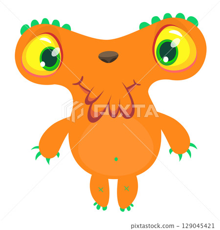 Cartoon cute monster with funny excited face expression waving hands. Vector illustration isolated on white. Halloween design 129045421