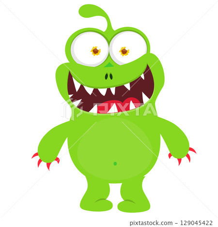 Cartoon cute monster with funny excited face expression waving hands. Vector illustration isolated on white. Halloween design Cartoon cute monster with funny excited face expression waving hands. Vector illustration isolated on white. Halloween design 129045422