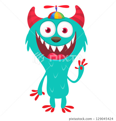 Cartoon cute monster with funny excited face expression waving hands. Vector illustration isolated on white. Halloween design 129045424