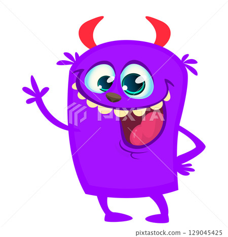 Cartoon cute monster with funny excited face expression waving hands. Vector illustration isolated on white. Halloween design Cartoon cute monster with funny excited face expression waving hands. Vector illustration isolated on white. Halloween design 129045425