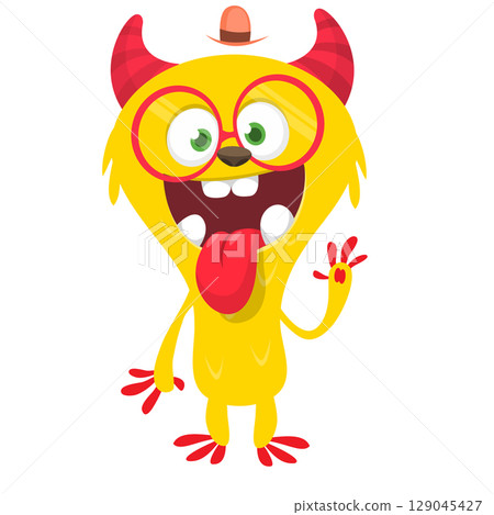 Cartoon cute monster with funny excited face expression waving hands. Vector illustration isolated on white. Halloween design Cartoon cute monster with funny excited face expression waving hands. Vector illustration isolated on white. Halloween design 129045427